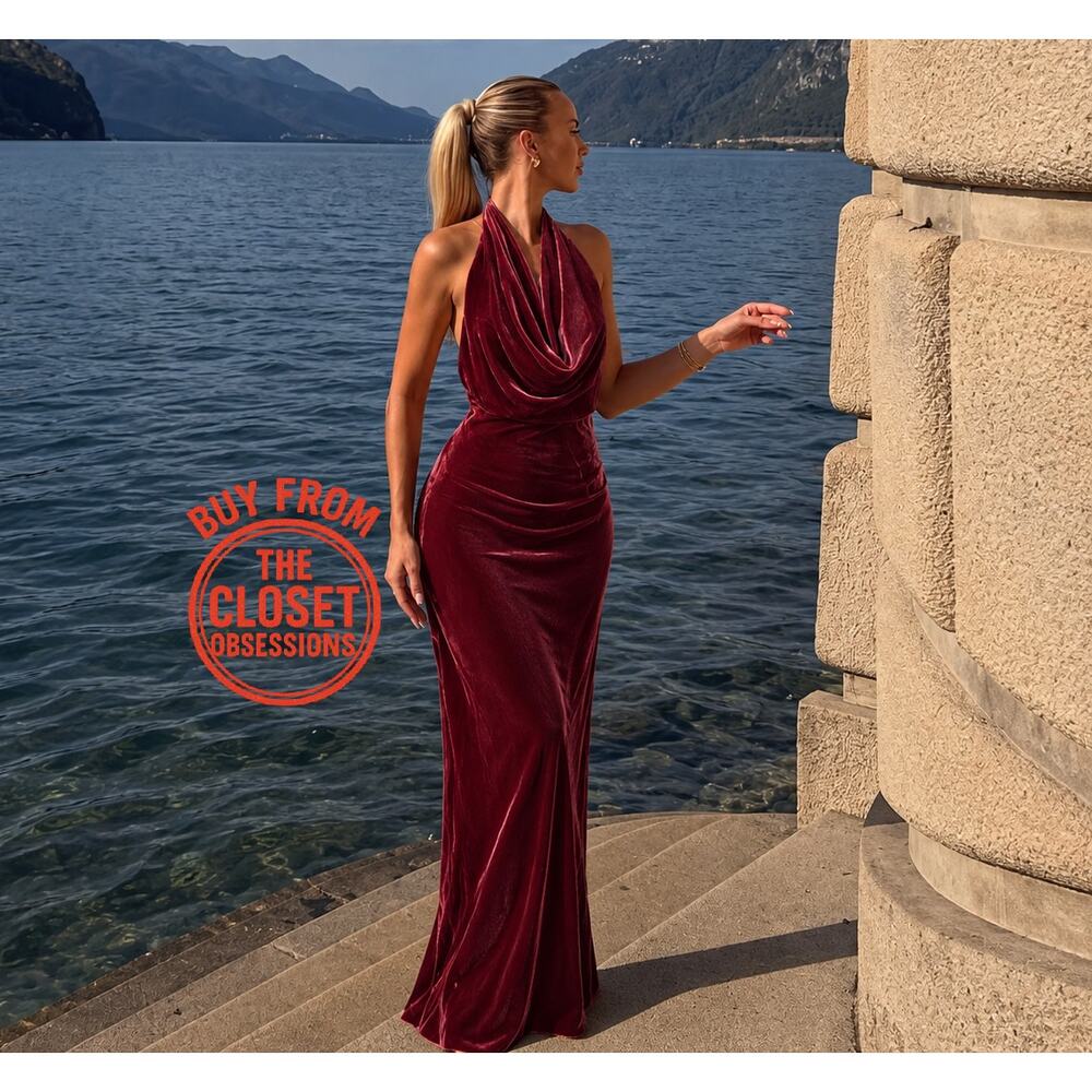 Zara NWT Raspberry Velvet Halter Open Back Maxi Dress M - Picture 2 of 16